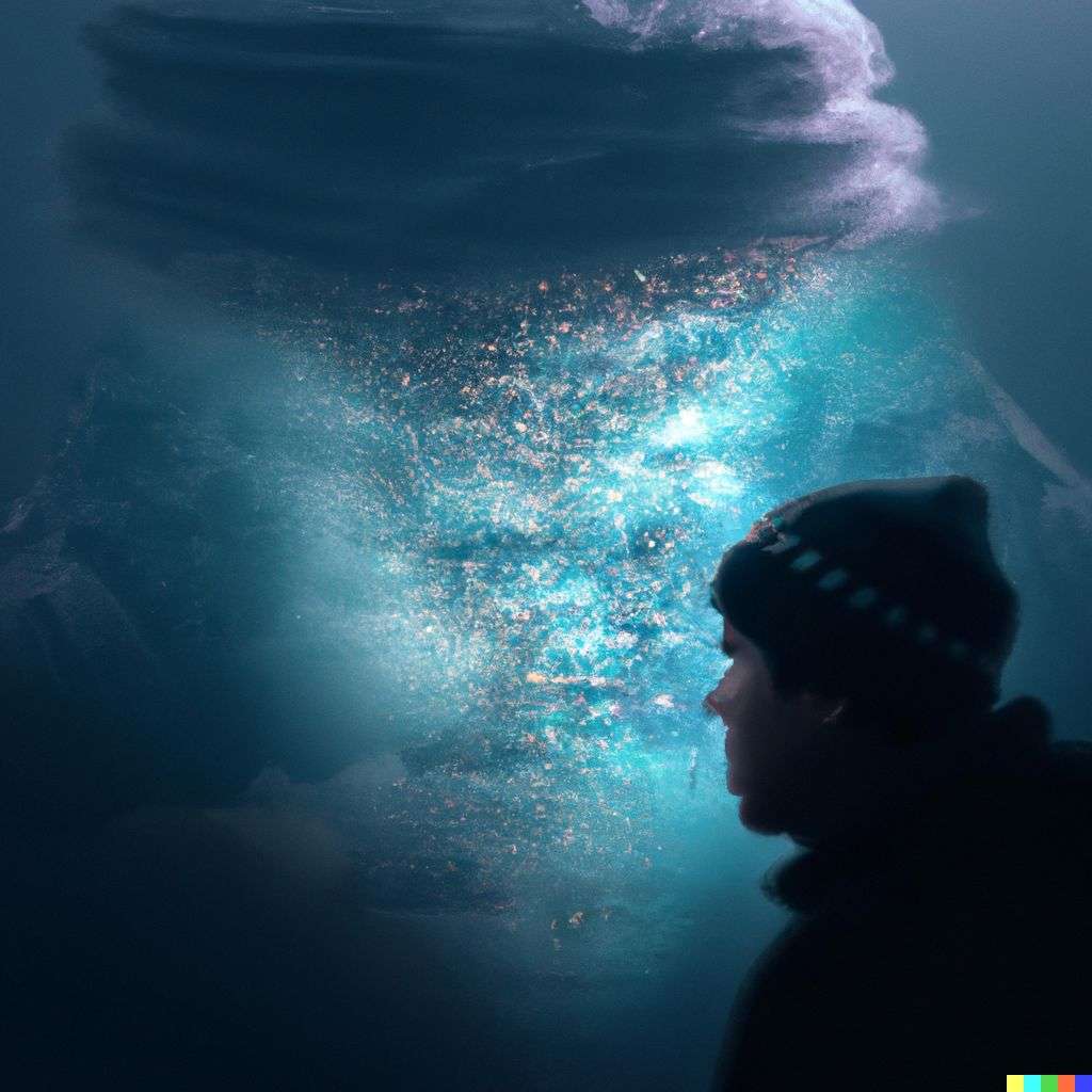 someone gazing at Mount Everest, particle explosion, digital art